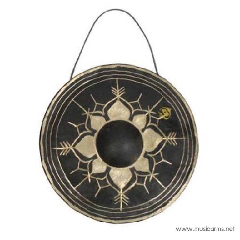 Decorative circular gong with a gold lotus pattern on a black background and a hanging cord above it. ขายราคาพิเศษ