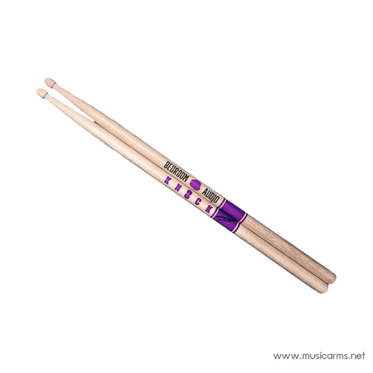 Pair of light wooden drumsticks with purple branding, angled diagonally. ขายราคาพิเศษ
