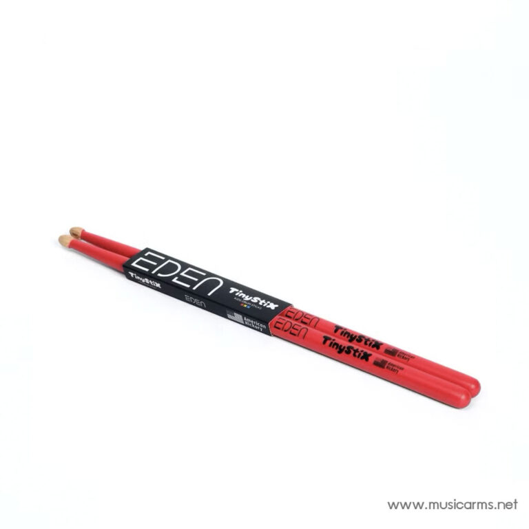 Two red Eden TinyStix drumsticks with a black sleeve lie diagonally on a white background. ขายราคาพิเศษ