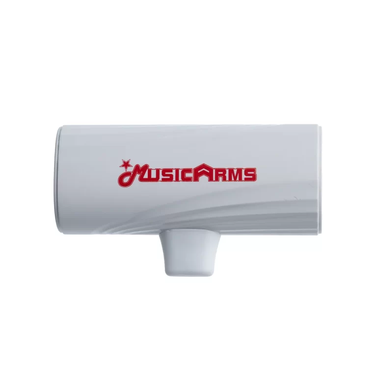 White megaphone with red MusicArms logo on the side and a small horn connector below ขายราคาพิเศษ