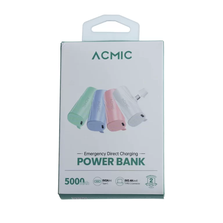 ACMIC power bank packaging showing five pastel-colored portable chargers in green, blue, pink, white and purple with a handle at top ขายราคาพิเศษ