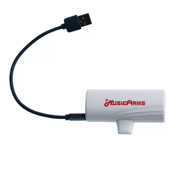 White MusicArms USB audio adapter with attached black USB cable and connector. ขายราคาพิเศษ