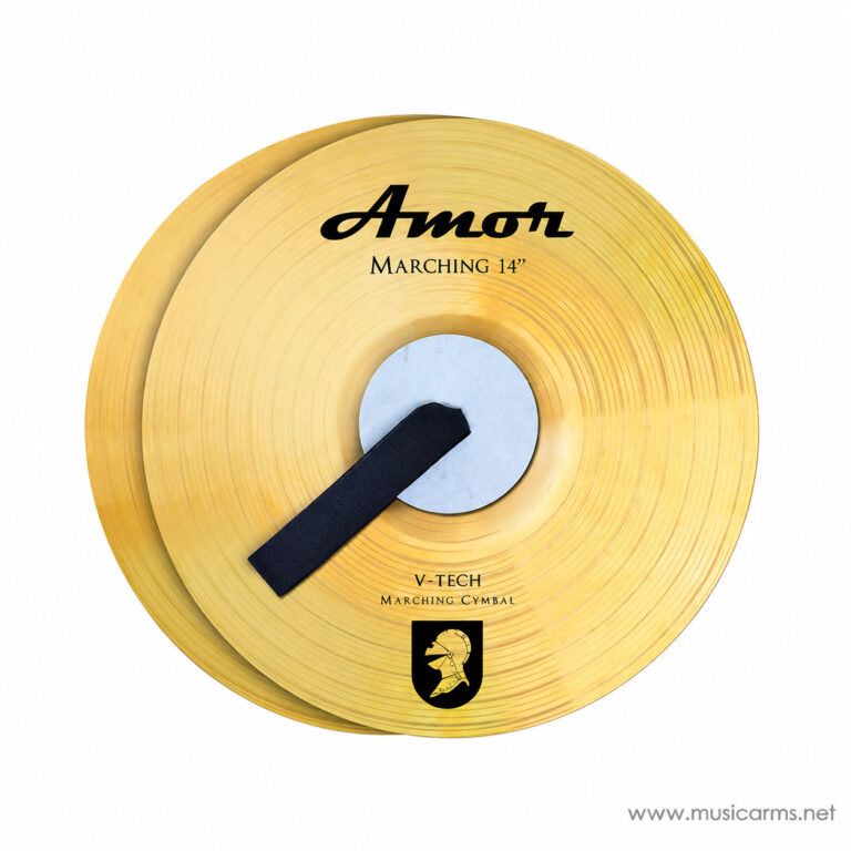 Gold-toned 14-inch Amor marching cymbal with a black strap resting over the center hole; V-TECH branding visible. ขายราคาพิเศษ