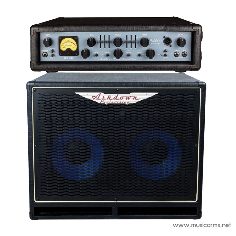 Two-piece bass amplifier stack: a small Ashdown head on top of a large speaker cabinet with blue cones visible behind a black grille. ขายราคาพิเศษ