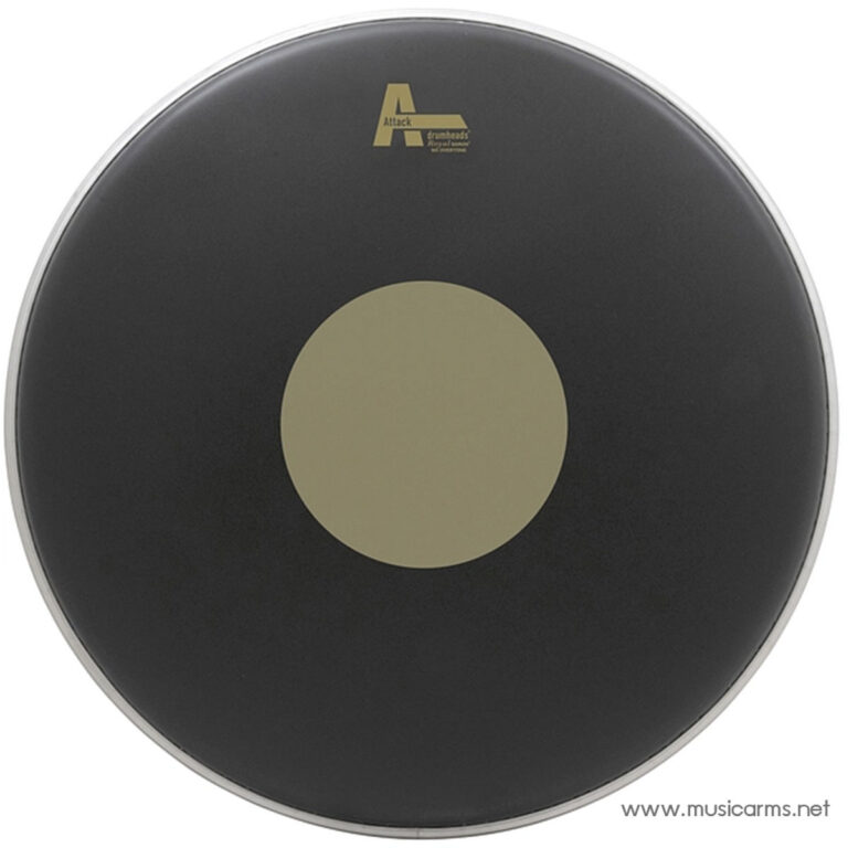 Round black drum practice pad with a tan central circle, featuring an Attack logo; used for quiet drumming practice and sticking exercises. ขายราคาพิเศษ