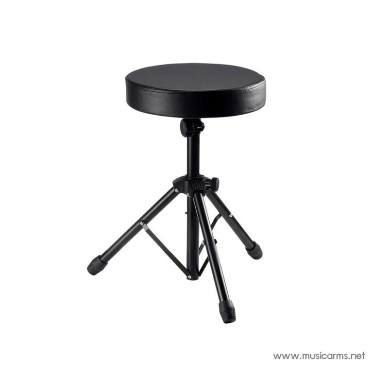 Black round padded stool on a three-legged adjustable tripod stand, height adjustable for seating or drum practice ขายราคาพิเศษ