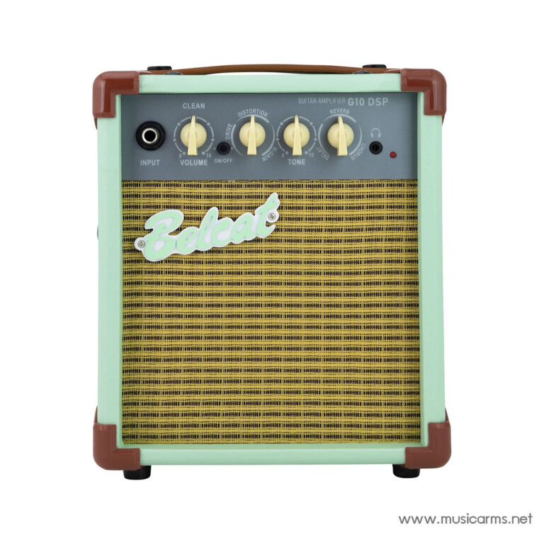 Mint-green Belcat guitar amplifier with a yellow grille, cream control knobs, and 'G10 DSP' label on the top panel. ขายราคาพิเศษ