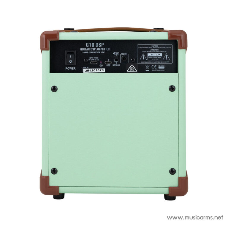 Back view of a mint-green G10 DSP guitar amplifier showing the power switch and control panel with ports and labels ขายราคาพิเศษ