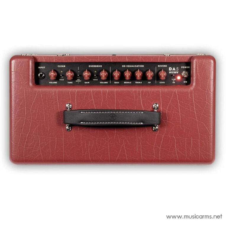 Red guitar amplifier head with multiple knobs on a black panel and a black leather handle, labeled DA5 Ruby. ขายราคาพิเศษ