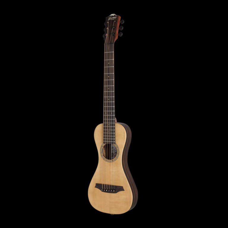 Full-length image of a natural wood acoustic guitar with a round soundhole against a black background ขายราคาพิเศษ