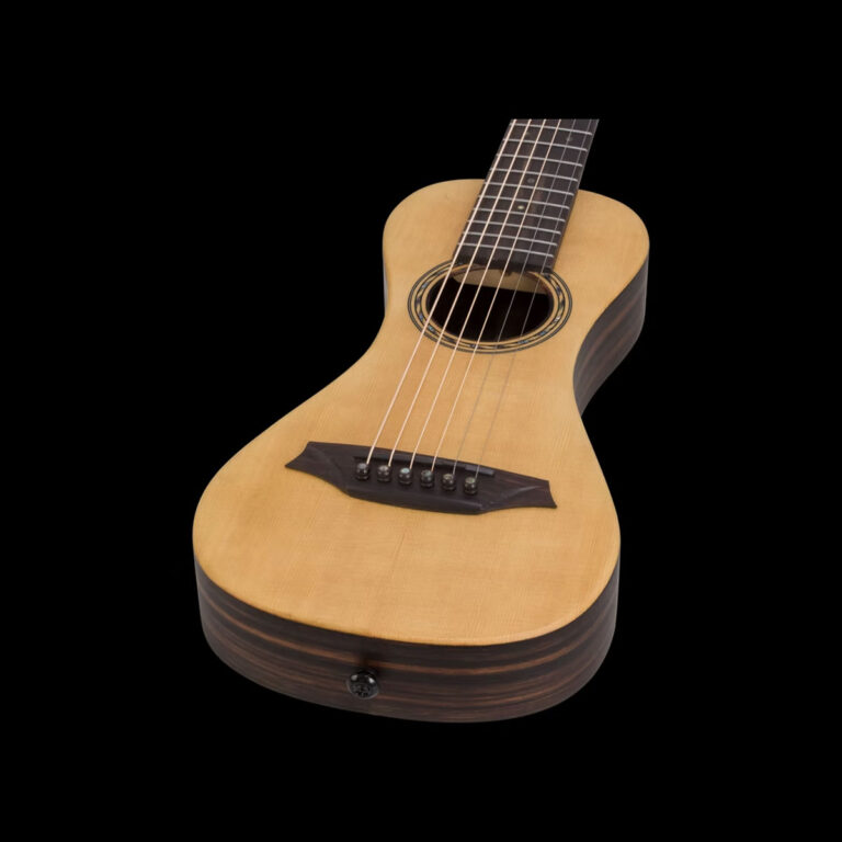 Acoustic guitar with a light wood top, dark sides, lying diagonally on a black background with six strings visible. ขายราคาพิเศษ