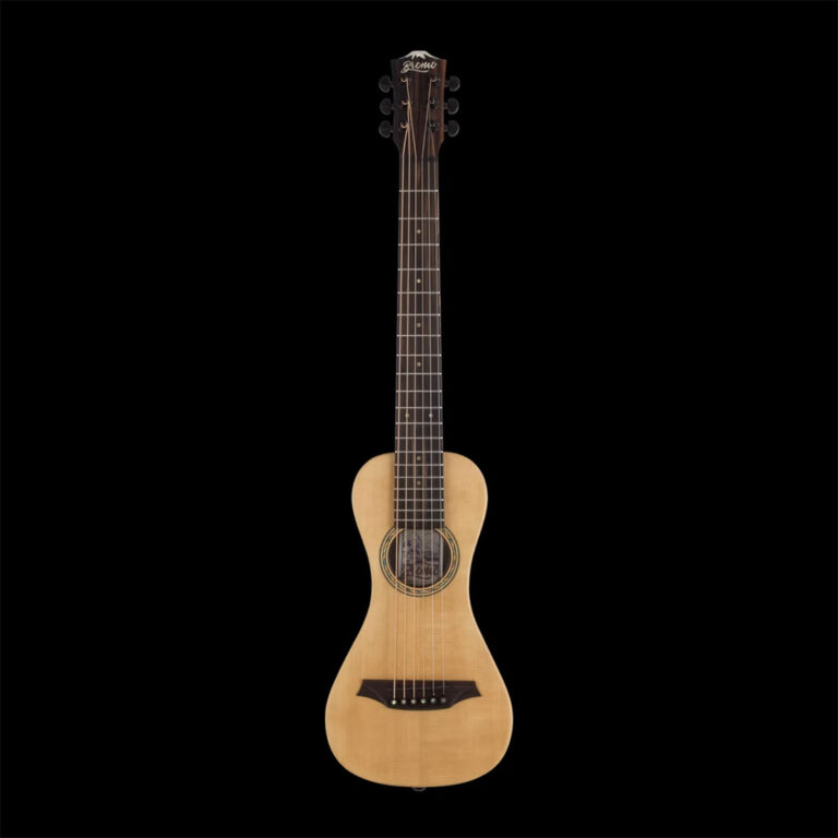 Full-length acoustic guitar with a natural wood finish, shown front-on against a black background. ขายราคาพิเศษ