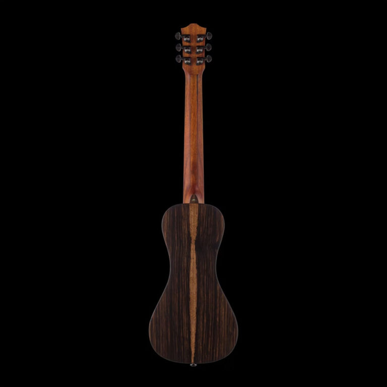 Back view of a wooden acoustic guitar standing upright against a black background, showing the neck and the back of the body with a dark striped wood pattern. ขายราคาพิเศษ