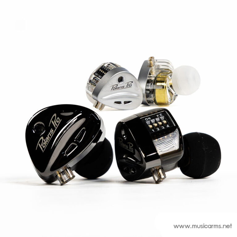 Polaris Pro in-ear monitor headphones on a white background with black and silver housings and silicone ear tips ขายราคาพิเศษ
