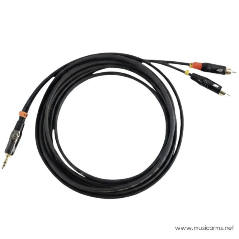Coiled black audio cable with a 1/4-inch plug on one end and two RCA male connectors on the other end (red and white). ขายราคาพิเศษ