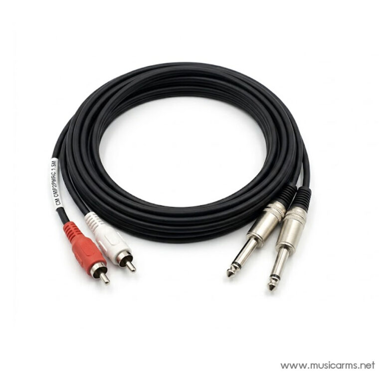 Coiled stereo audio cable with red/white RCA plugs on one end and two 1/4-inch plugs on the other for audio equipment. ขายราคาพิเศษ