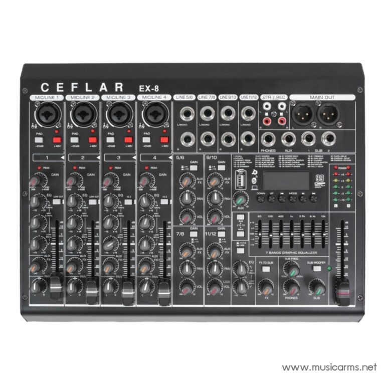 Eight-channel CEFLAR EX-8 analog mixer with mic/line inputs, gain, EQ, and faders for each channel plus master section and output jacks ขายราคาพิเศษ