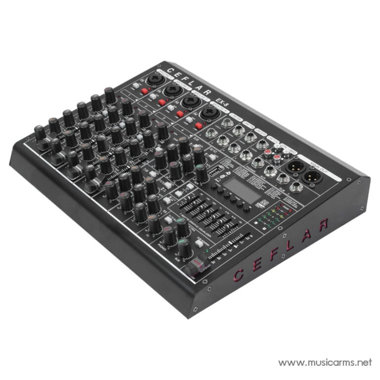 Ceflar EX-8 8-channel professional audio mixer with multiple knobs, faders, and XLR inputs. ขายราคาพิเศษ