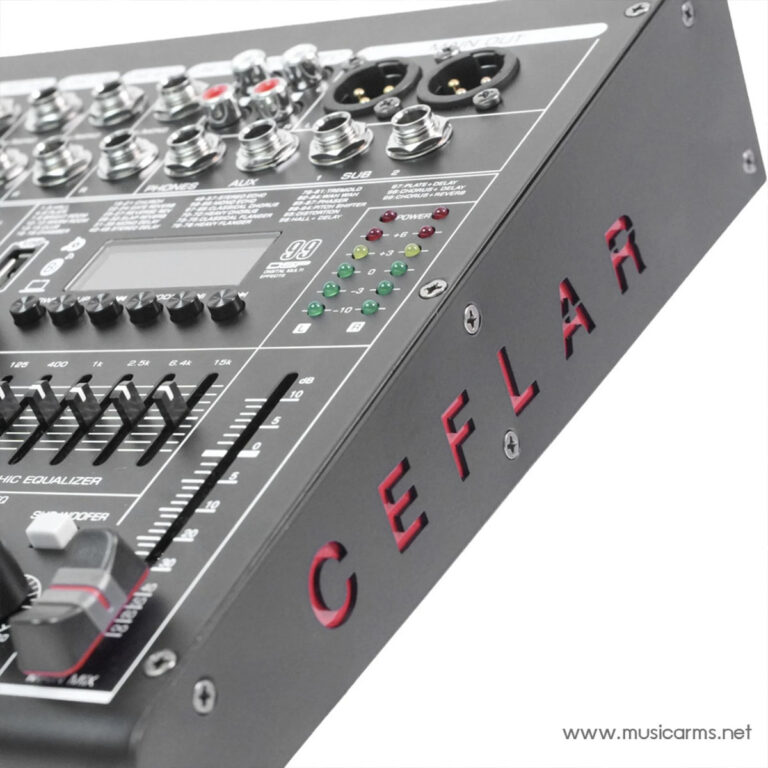 Close-up of a professional audio mixer/equalizer panel with many knobs, faders, and input jacks. ขายราคาพิเศษ