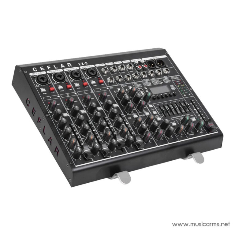 Compact desktop audio mixer with multiple channels, knobs, faders, and input/output jacks seen from an angled top view (CEFLAR EX-8). ขายราคาพิเศษ