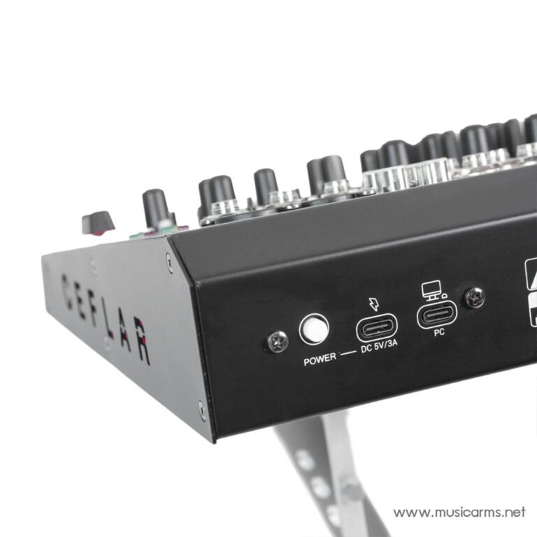 Close-up of a black music mixer's front panel showing a power switch, USB-C port labeled DC 5V/3A, and PC/monitor connection with knobs on top. ขายราคาพิเศษ