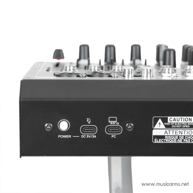 Back panel of a DJ mixer showing power button, DC 5V/3A port, and USB PC connection with caution label nearby. ขายราคาพิเศษ