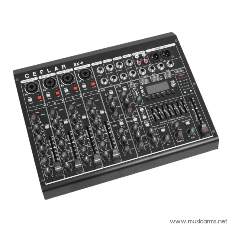 A black CEFLAR EX-8 analog audio mixer with multiple channel strips, faders, knobs, and input jacks seen at an angled perspective. ขายราคาพิเศษ