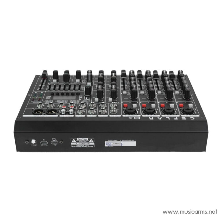 Eight-channel professional audio mixer with multiple knobs, faders, and input/output jacks on a black panel. ขายราคาพิเศษ