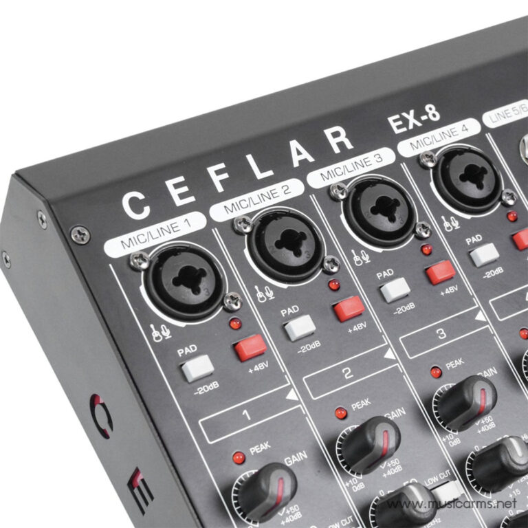 Close-up of a CEFLAR EX-8 audio mixer panel showing XLR mic inputs, channel labels, and gain knobs across multiple channels. ขายราคาพิเศษ