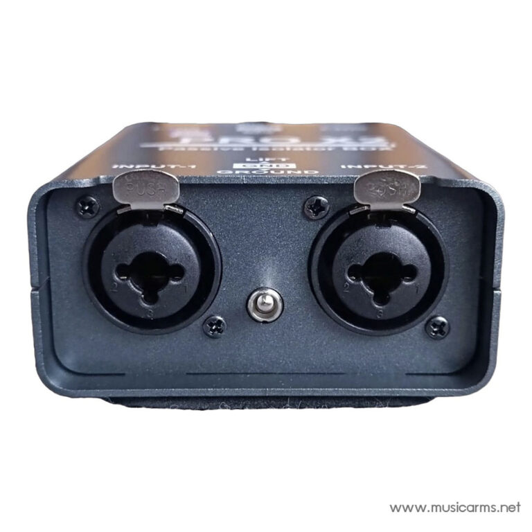 Close-up of a small two-channel audio input box with two round XLR-type jacks labeled Input 1 and Input 2, including push caps and ground text on the top plate. ขายราคาพิเศษ