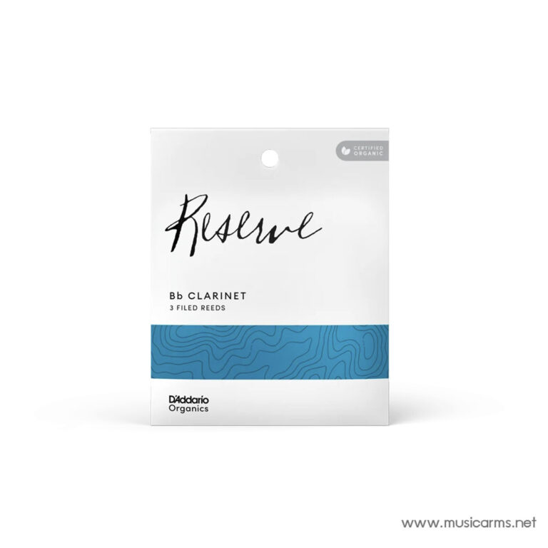 Pack of Bb clarinet reeds (3 filed) in white packaging with a blue patterned band and D'Addario Organics branding. ขายราคาพิเศษ