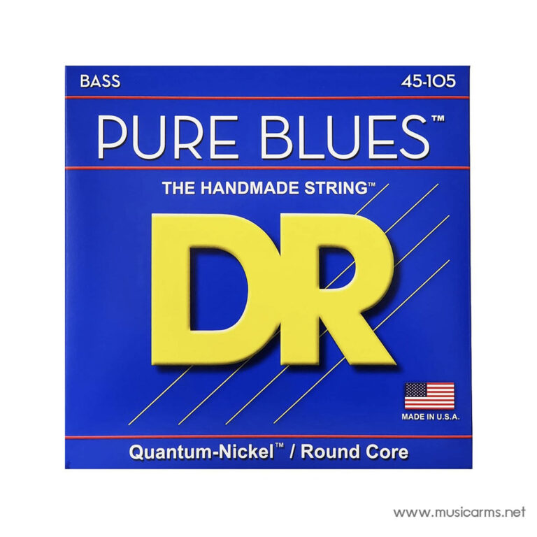DR Pure Blues bass string set packaging on a blue box with a large yellow DR logo; notes 'Quantum-Nickel / Round Core' and 'Made in USA' ขายราคาพิเศษ