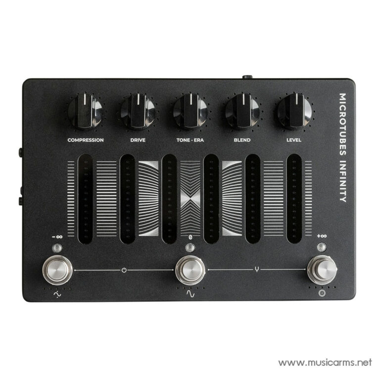 Black guitar effects pedal with five vertical faders and five knobs labeled Compression, Drive, Tone/Era, Blend, Level; 'Microtubes Infinity' branding on the side. ขายราคาพิเศษ