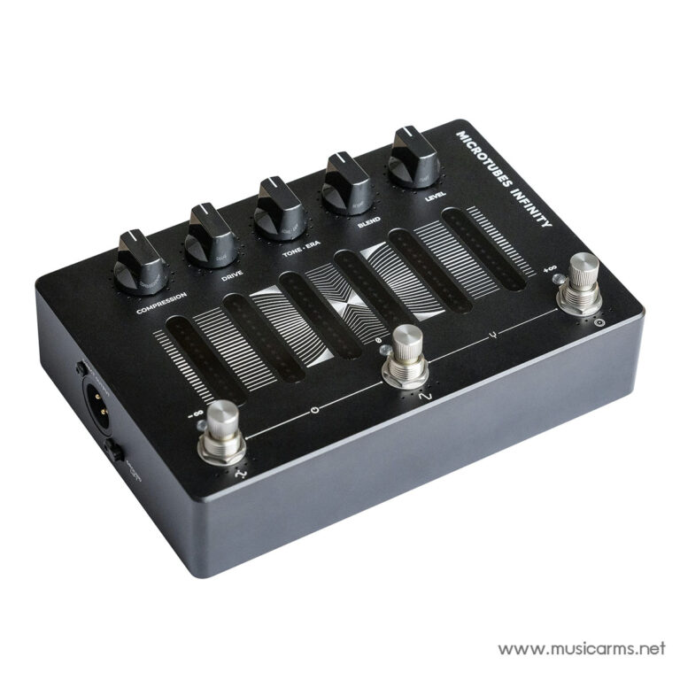 Black guitar effects pedal with multiple long sliders, knobs, and footswitches, labeled Microtubes Infinity ขายราคาพิเศษ