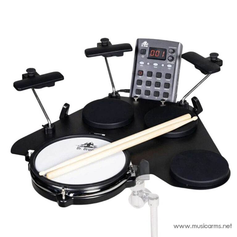Compact electronic drum kit with three pads, pedals, and a digital module; two drumsticks rest on the snare pad. ขายราคาพิเศษ