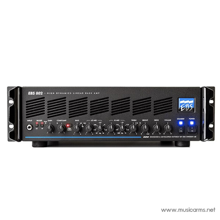 Front panel of an EBS 802 bass amplifier with multiple control knobs, blue LEDs, and EBS logo. ขายราคาพิเศษ