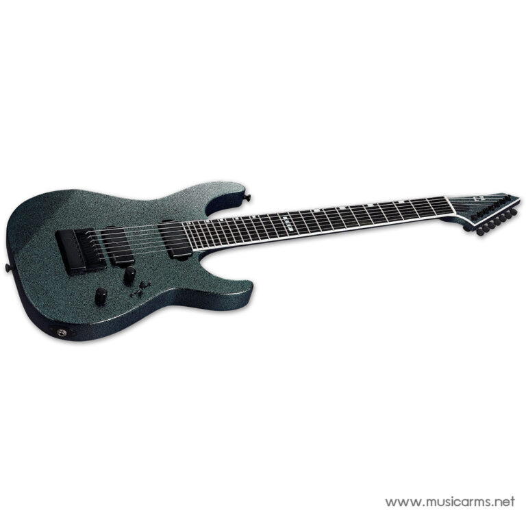 Green glittery electric guitar with a long neck and black pickups on a white background. ขายราคาพิเศษ