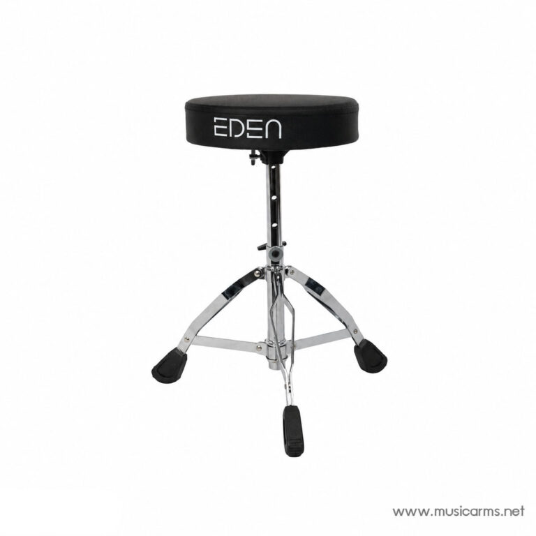 Round black drum throne with padded seat and chrome tripod legs (Eden) for drummers; watermark from musicarms.net in corner ขายราคาพิเศษ