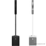 Pair of column PA speakers on stands: black on the left, white on the right, against a white background. ลดราคาพิเศษ