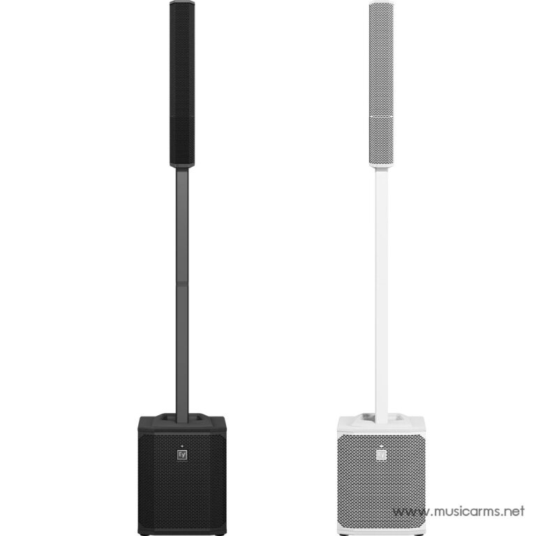 Pair of column PA speakers on stands: black on the left, white on the right, against a white background. ขายราคาพิเศษ