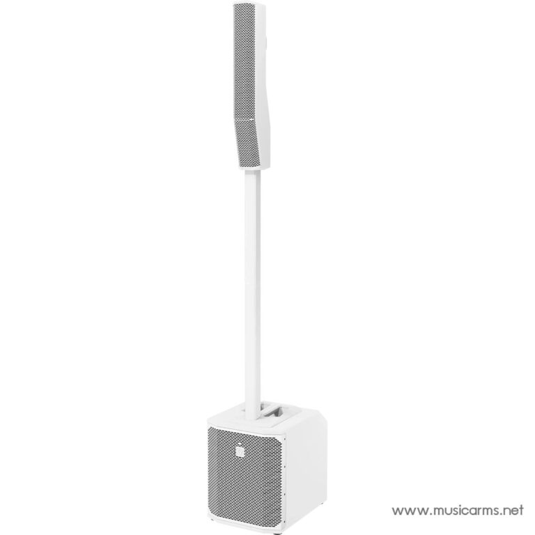 White floor-standing speaker with a tall slim column mounted on a stand and a square base (PA system). ขายราคาพิเศษ