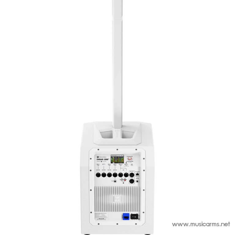 Rear view of a white Electro-Voice Evolve 30M portable PA system with control panel, input jacks, and power connections visible on the back panel. ขายราคาพิเศษ