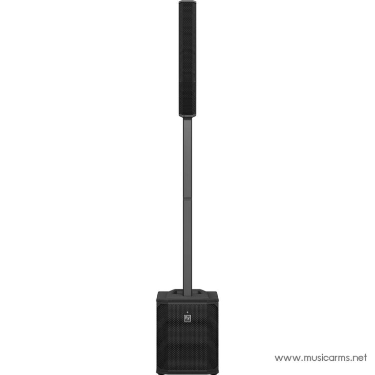 Portable PA speaker on a tall stand: a black, boxy speaker at the base with a slim vertical mast rising up. ขายราคาพิเศษ