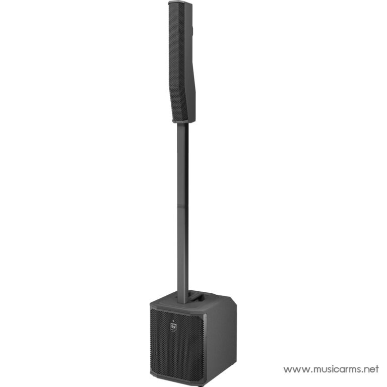Professional black loudspeaker mounted on a tall stand with a square base for live sound reinforcement. ขายราคาพิเศษ