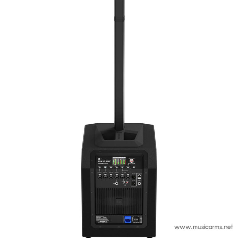 Black portable PA speaker viewed from the back, showing the mixer panel, input jacks, and power area with a tall vertical pole attached to the top of the unit. ขายราคาพิเศษ
