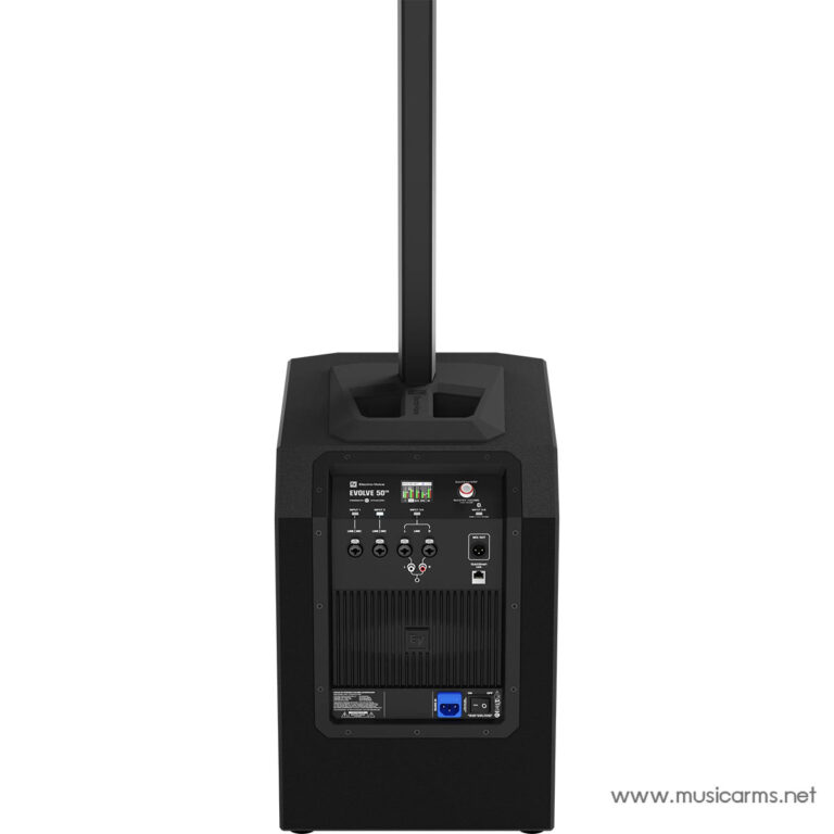 Rear view of an Electro-Voice EVOLVE50 portable speaker showing the back panel with input connectors, controls, and cooling vents on a black enclosure. ขายราคาพิเศษ