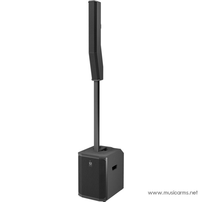 Tall black portable PA speaker on a vertical stand with a square base, for live sound reinforcement (watermark www.musicarms.net). ขายราคาพิเศษ