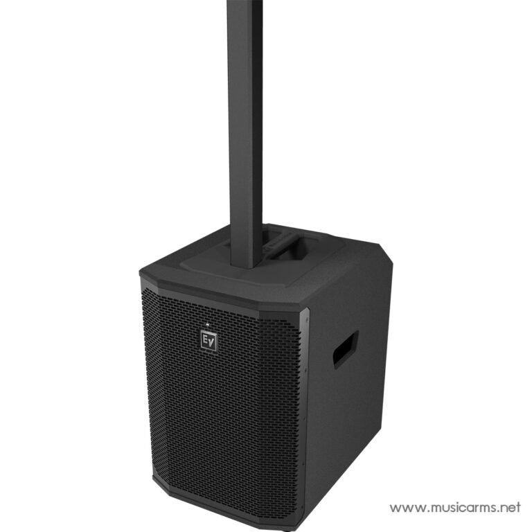Portable black PA speaker mounted on a tall vertical stand, front grille visible with EV logo ขายราคาพิเศษ