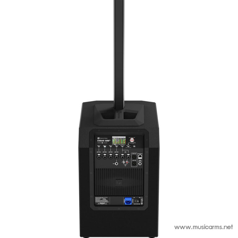 EVOLVE 50M portable powered PA speaker with built-in mixer and multiple input jacks, shown with a pole mount attachment ขายราคาพิเศษ
