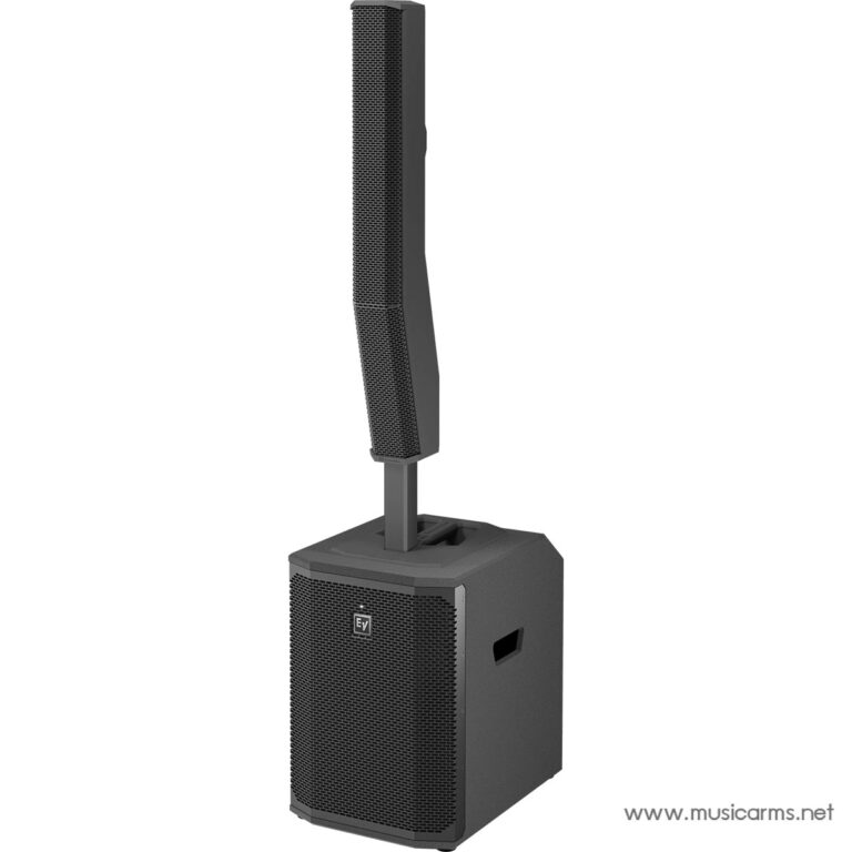 Portable PA system: tall vertical speaker on a stand mounted to a subwoofer, for live sound reinforcement on stage. ขายราคาพิเศษ